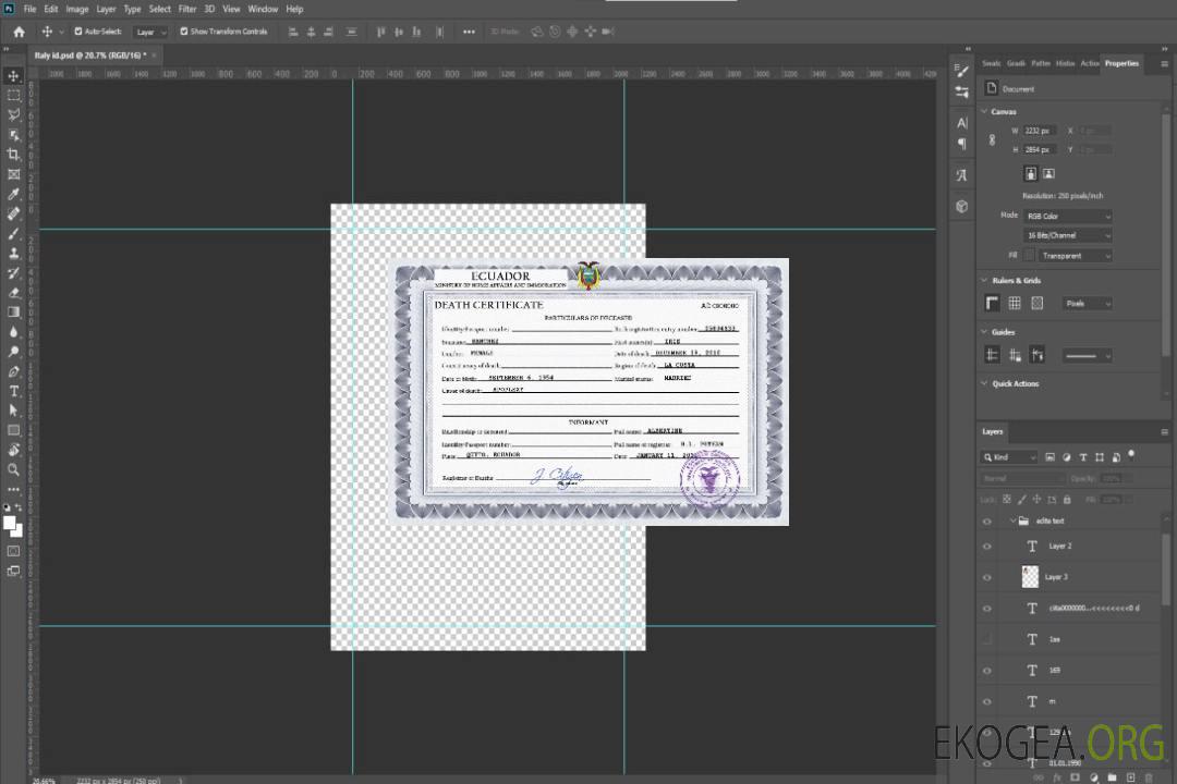 Modèle PSD de certificat de décès de l'état civil de l'Équateur template